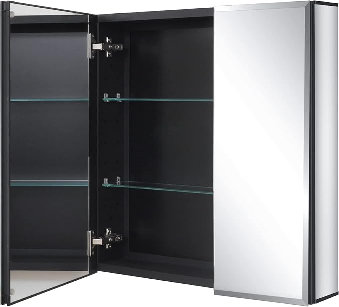 Fundin Black Aluminum Medicine Cabinet 24 x 24 Inch Recessed or Surface Mount, with Double Door and Adjustable Shelves.