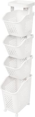 3/4 Tier Rolling Laundry Baskets Cart With Wheels,Narrow Laundry Hamper Sorter for Clothes, Towels, Plastic Clothes Storage Hamper,for Kitchens, Laundry Rooms,Bedrooms (White-4)