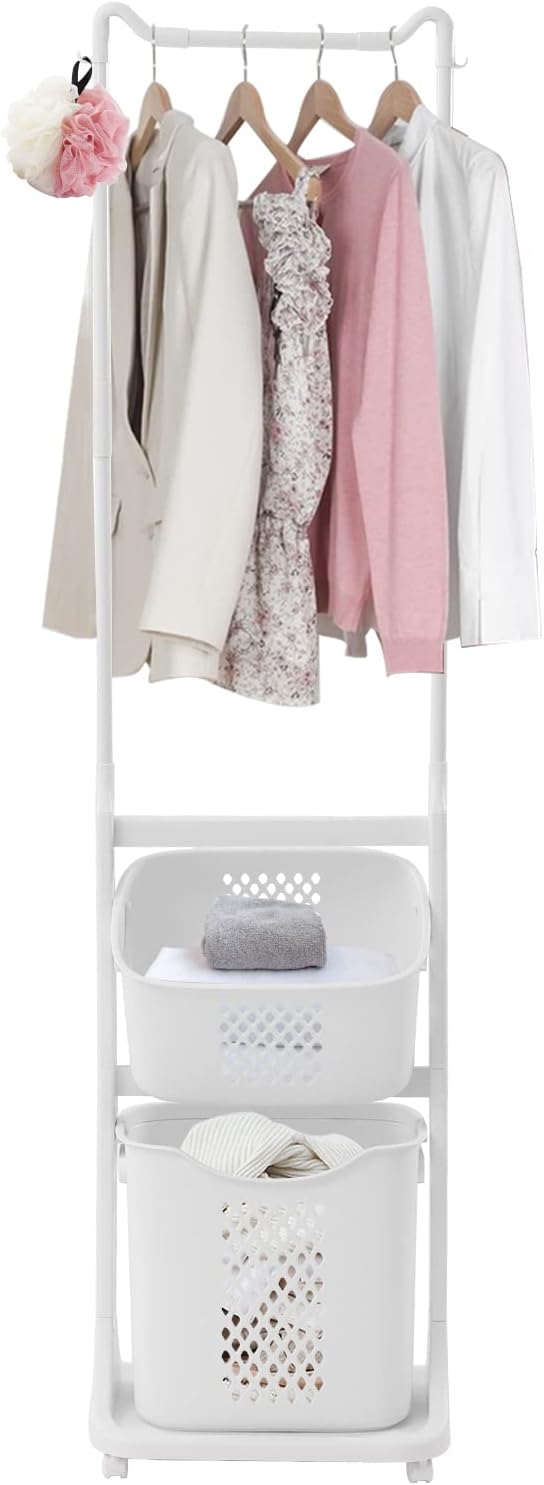 Laundry Sorter Cart with Hanging Rack, 2 Section Laundry Hamper Rack Shelf, Multi-layer Rolling Laundry Basket Clothes Storage Shelf Stand with Wheels, for Bathroom Household Kitchen, White