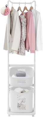 Laundry Sorter Cart with Clothes Rack 2 Layer Laundry Hamper Basket with Hanging Stand Dirty Clothes Storage Basket with 4 Wheels Simple Storage Shelf for Bathroom Cloakroom Bedroom White