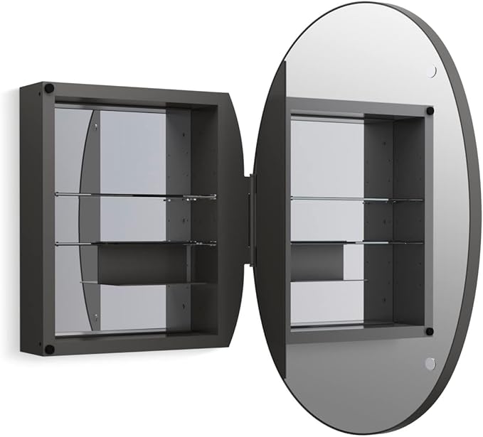 Kohler 35571-BLL Verdera® Bathroom Medicine Cabinet with Mirror, Oval Design, Mirrored Interior, Adjustable Glass Shelves, Rustproof Aluminum, 24 in. W x 34 in. H, Matte Black