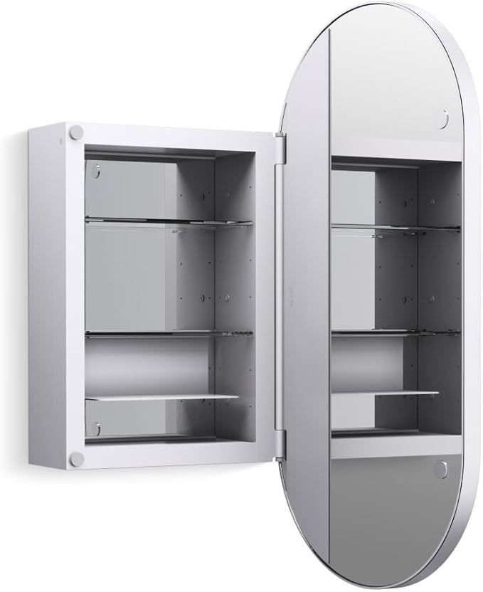 Kohler 35573-CPL Verdera® Framed Medicine Cabinet Mirror, Capsule Design, Mirrored Interior, Bathroom Cabinet, Adjustable Glass Shelves, Rustproof Aluminum, 15 in. W x 30 in. H, Polished Chrome