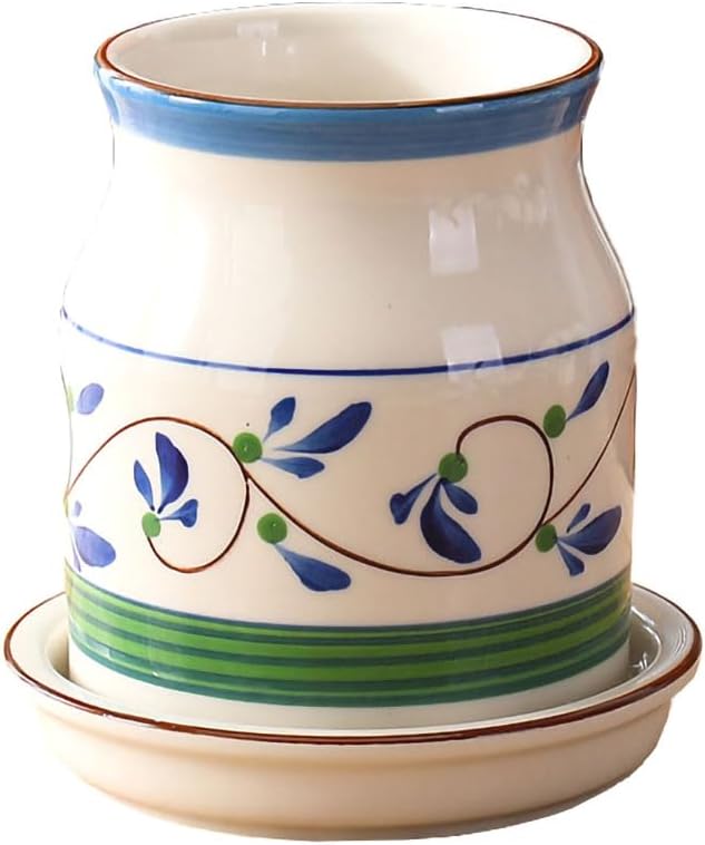 WAIT FLY Flower Pattern Porcelain Kitchen Utensil Holder with Bottom Flatware Storage Organizer Utensil Crock for Countertop Kitchen Counter Decor-Green