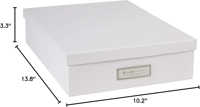 Bigso Oskar Fiberboard Label Frame Document Letter Box - File Organizer Box for Important Paperwork - Durable Document Storage with a Lid & Metal Label Window - 3.3 in x 10.2 in x 13.8 in - White