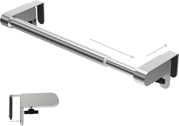 VEHHE Kitchen Towel Holder, Hand Screwed Telescopic Kitchen Towel Rack, Stainless Steel Adjustable Length and Width Over The Cabinet Door Towel Rack with EVA Foam Pad (Silver)