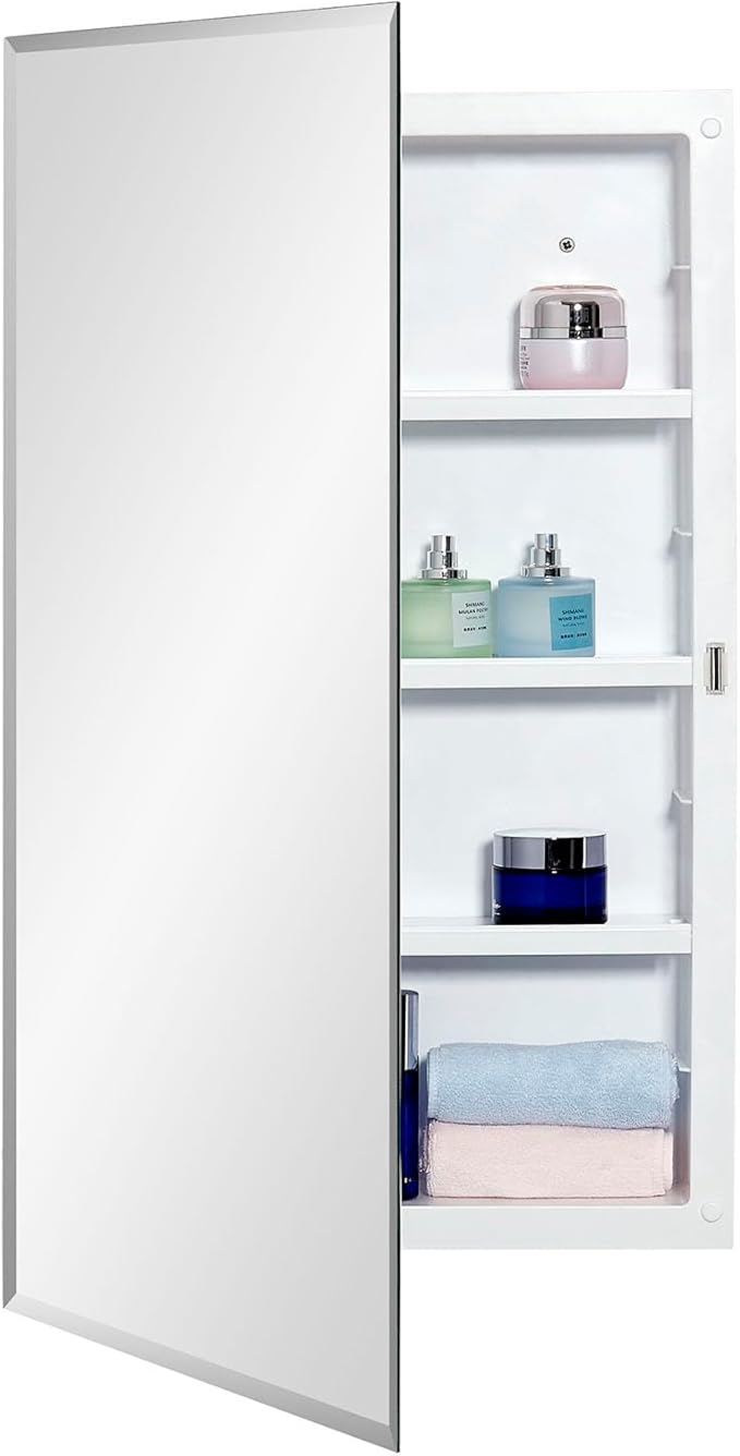 Plastic Medicine Mirror Cabinet for Bathroom 18 x 28 inch, Surface and Recessed Mount