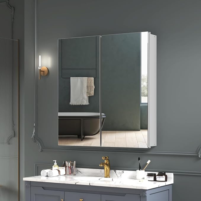 Quavikey Medicine Cabinet with Mirror for Bathroom 2 Doors Aluminum Surface Mount or Recessed Mirror Medicine Cabinet 24x26 Inch, Silver