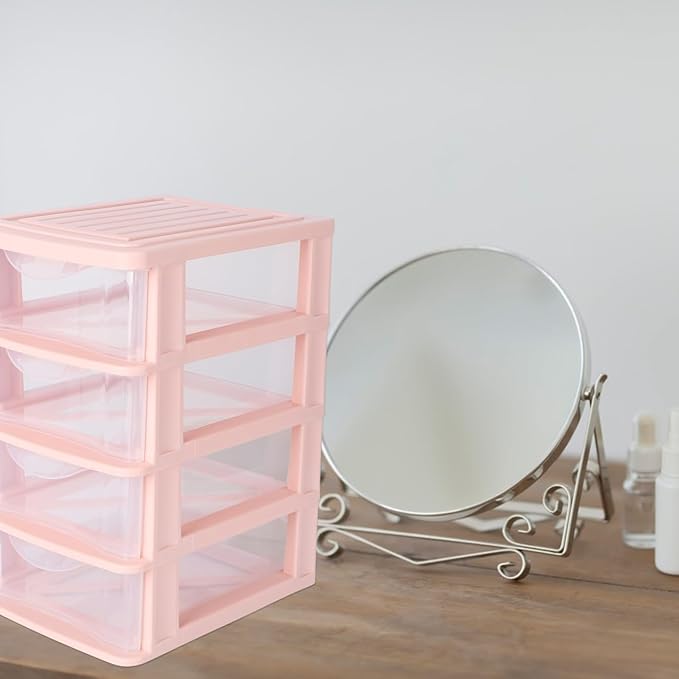 DOITOOL 4 Drawer Cube Storage Organizer Plastic Makeup Organizer Storage Station Cube, Desktop for Office Supplies, Makeup Supplies (Pink)