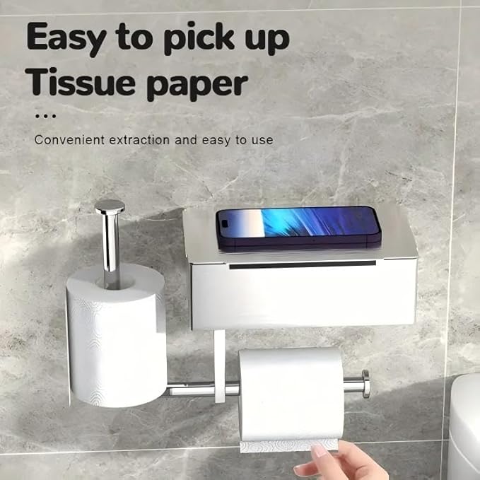 Modern Wall Mount Toilet Paper Holder with Storage Box, Silver Metal, Double Roll Capacity, Phone Shelf, 8.07x4.92x2.56 Inch