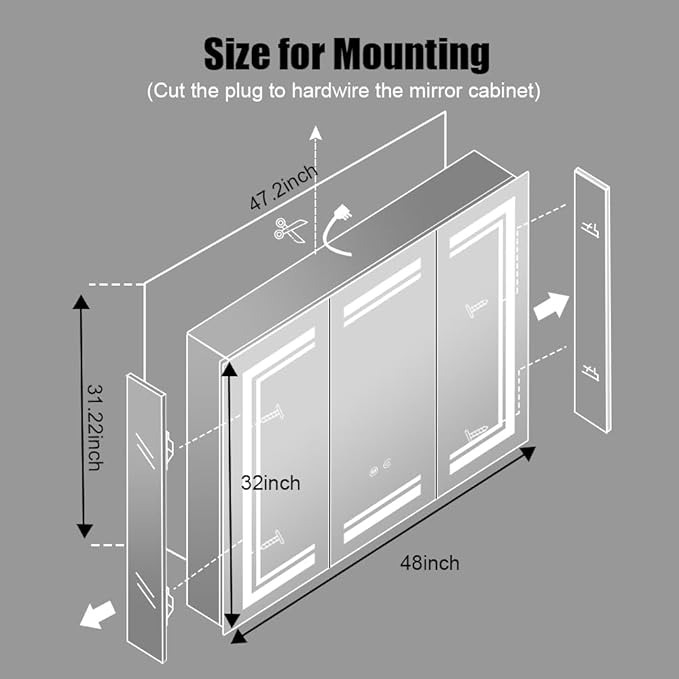High-End Led Medicine Cabinet,Lighted Medicine Cabinet,3 Colors&Dimmable,Demister,Lighted Glass Shelf,USB Shaver Socket.Surface Mount or Recess Mount,48×32inch
