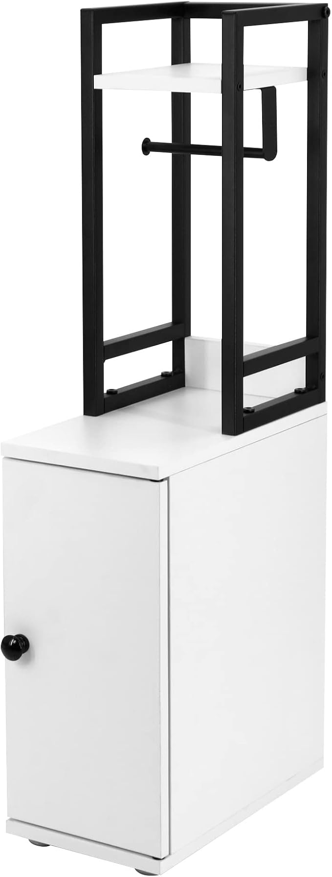 Small Bathroom Storage Cabinet, Narrow Side Bathroom Organizer w/Toilet Paper Roll Holder and Metal Frame, Slim Toilet Paper Storage Cabinet for Bathroom, White
