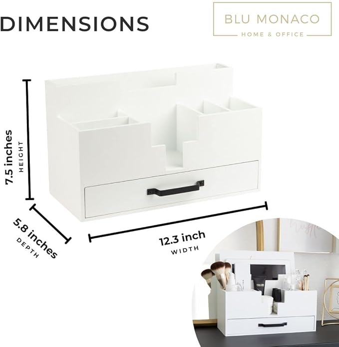 BLU MONACO | White Wood Desk Organizer with Drawer | Compact Desktop Mail & Office Supplies Storage with 6 Compartments | Modern Home Office Accessories for Women, Kitchen Counter & Reception Areas