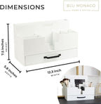BLU MONACO | White Wood Desk Organizer with Drawer | Compact Desktop Mail & Office Supplies Storage with 6 Compartments | Modern Home Office Accessories for Women, Kitchen Counter & Reception Areas