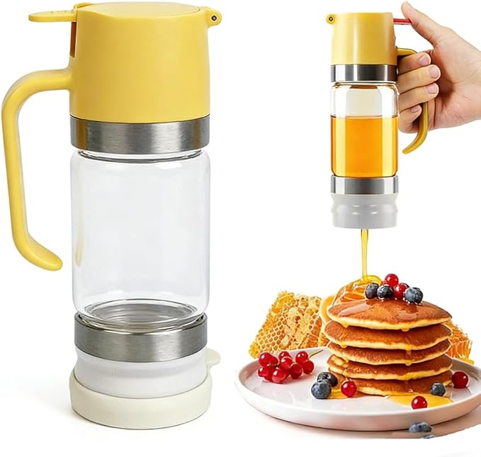 Honey Dispenser No Drip,12OZ Glass Honey Jar with Handle,Syrup Dispenser for Coffee or Tea,Mess Free Honey-Dispenser for Maple Syrup, Honey-Container (Green)