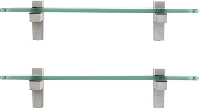 KES Glass Shelf for Bathroom, Floating Tempered Glass Bathroom Wall Shelf Rectangle 16 Inch Brushed Nickel Bracket, 2 Pack, BGS3201S40-2-P2