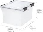 IRIS USA File Box WeatherPro Organizer Plastic for Letter/Legal, Water Resistant Document, Durable Lid, Seal w/Secure Latching Buckles, Stackable, Nestable, Clear 32 Qt. 1 Pack
