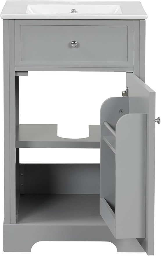 20 in Small Bathroom Vanity with Sink,Soft Closing Door and Adjustable Shelf, Solid Wood Frame & MDF Modern Single Bathroom Sink Cabinet,Freestanding (Grey)