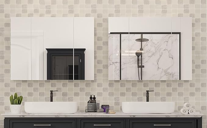 DICTAC Bathroom Medicine Cabinet with Mirrors 31.5x23.62 Inch Storage Cabinet with Mirror Wall Mounted Bathroom Mirror with Adjustable Storage Shelves and 3 Doors Mirror Medicine Cabinets for bathroom