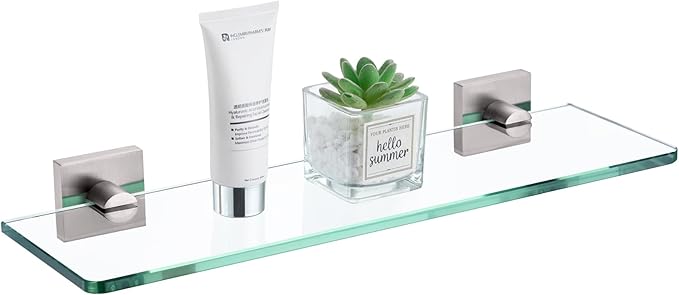 KOKOSIRI Glass Shelf for Bathrooms Wall Mount Floating Shelves 16-Inch for Shower Storage Kitchen Hanging Rack, Brushed Stainless Steel B1107BR-L16