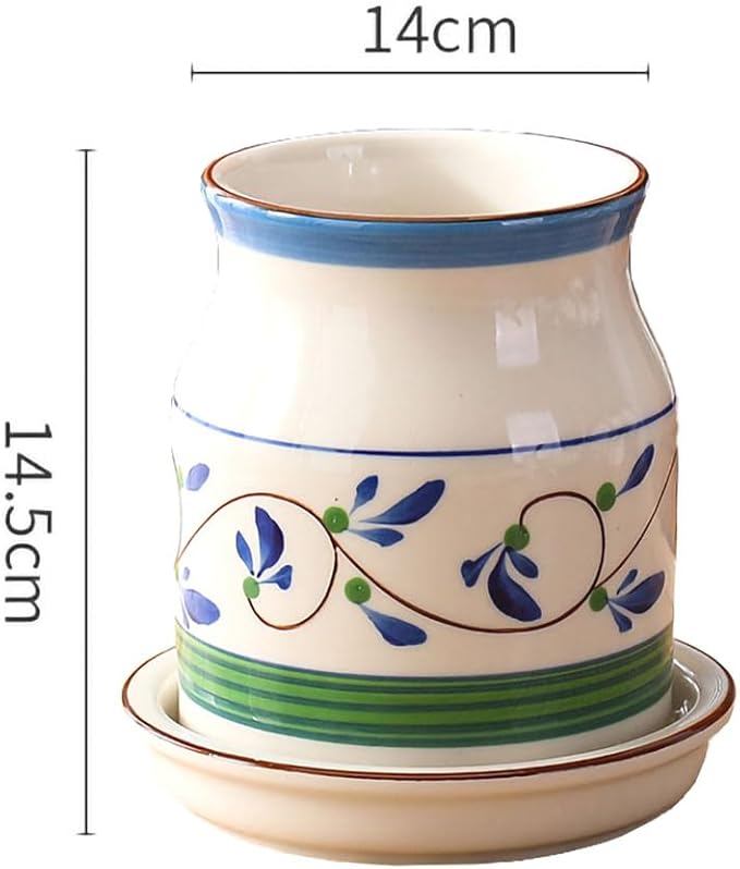 WAIT FLY Flower Pattern Porcelain Kitchen Utensil Holder with Bottom Flatware Storage Organizer Utensil Crock for Countertop Kitchen Counter Decor-Green