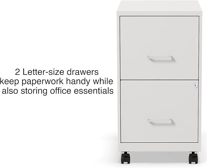 Staples 2-Drawer Vertical File Cabinet, Letter Size Documents, Lockable & Mobile, 18.9" D x 14.3" W x 26.3" H, White