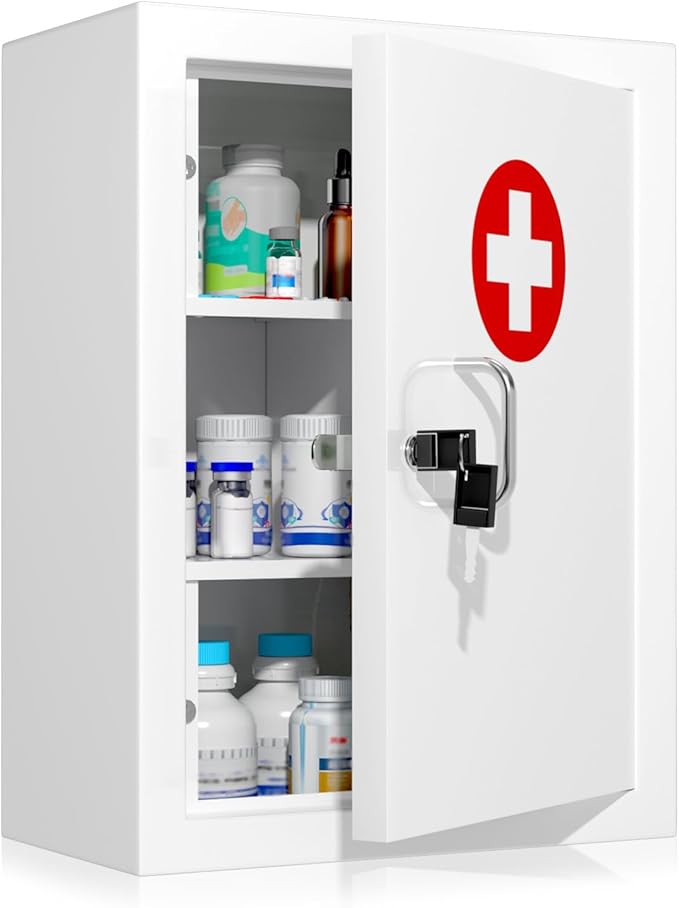 Locking Medicine Cabinet Wall-Mount: Storage Cabinet with Lock & Key - White Metal First Aid Kits for Family Safety and Childproofing