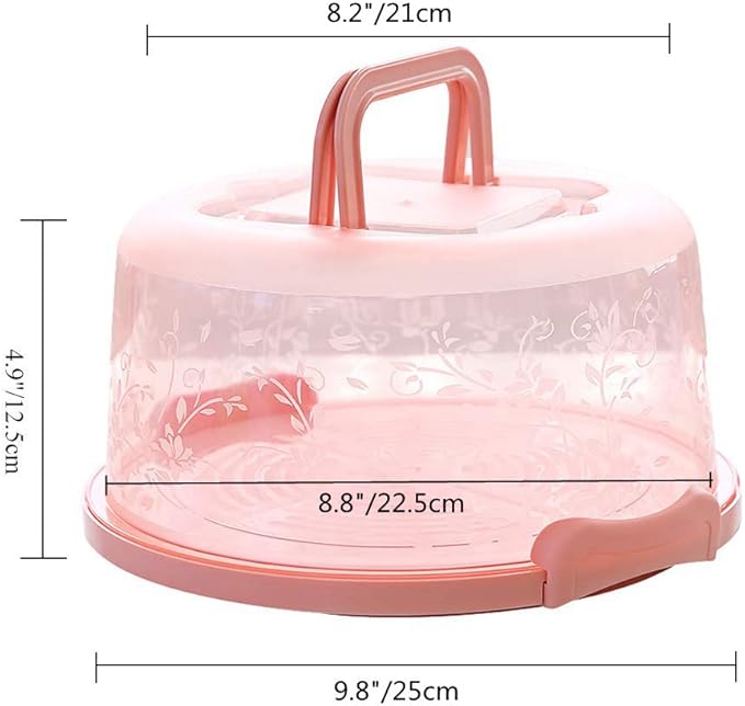 FEOOWV Plastic Small Cake Carrier Holder Cover Round Container with Collapsible Handles Suitable for 7 inch Diameter and 2.5 inch Height Cake (Pink)