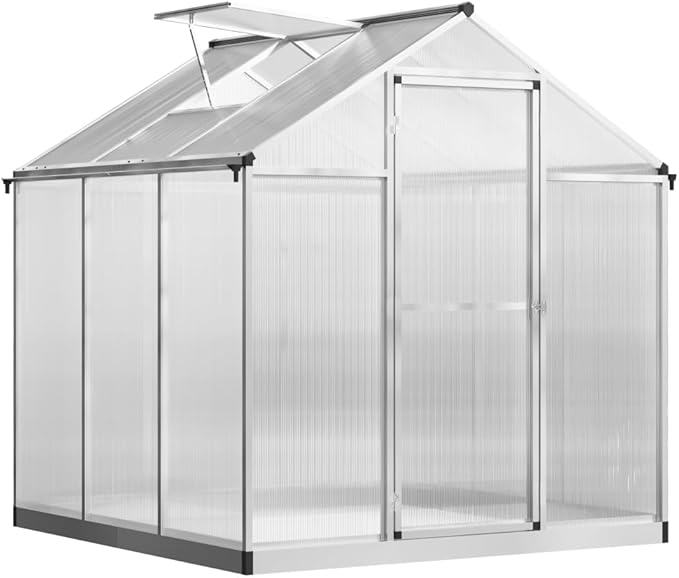 Aluminum Greenhouse with Polycarbonate Panels, Walk-in Garden Greenhouse for Outdoor Plant Growing, Durable Structure for Year-Round Gardening (Silver + Aluminum)