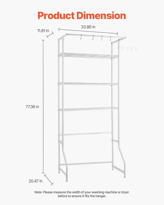 VEVOR Over The Washer and Dryer Storage Shelf, 3 Tier Laundry Room Drying Rack with Hanger Rod and Hooks, Adjustable Over Washer and Dryer Shelves, Laundry Room Shelf Storage Space Saver, White