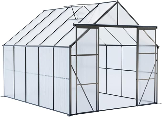 Double Sliding Door Polycarbonate Greenhouse with Rain Gutter and Roof Vent, Raised Base and Anchor Aluminum Heavy Duty Walk-in Green House, Outdoor Patio Sunroom (Black, 121.25*94.5*89.5in)