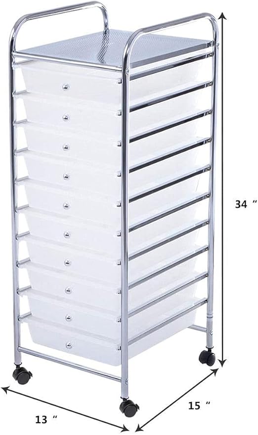 GOFLAME 10-Drawer Rolling Storage Drawer Cart, Utility Cart with Removable Drawers & Metal Frame, Mobile Art Craft Drawer Cart with Lockable Wheels for Home, Office, Studio, School, Clear