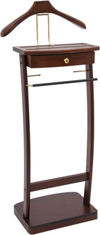 Valet Stand for Man and Women, Wood Suit Rack Suit Valet Stand with Top Tray, Storage Drawer, Bottom Shoe Rack, Freestanding Clothes Rack for Living Room, Bedroom, Office, Black (Walnut Color)