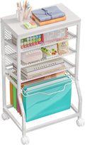 5-Tier Rolling File Cart, Under Desk Storage Organizer with Lockable Wheels & Mesh Sliding Trays, Multi-Functional Mobile Utility Cart for Office, Home, School, White