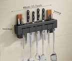 Wall Mount Utensil Holder, 15.7'' Stainless Steel Kitchen Utensil Rack, Multi-use Hanging Storage Organizer Rack with Knife Holder, Towel Bar, Flatware Slot and 6 Removable Hook