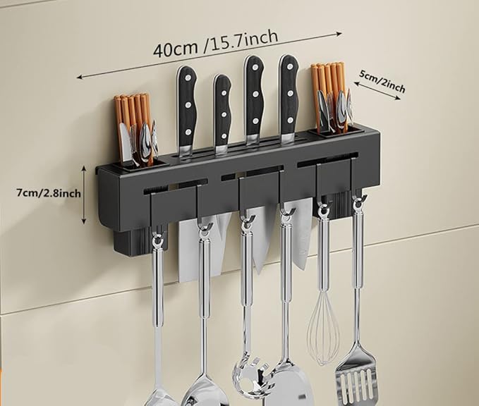 Wall Mount Utensil Holder, 15.7'' Stainless Steel Kitchen Utensil Rack, Multi-use Hanging Storage Organizer Rack with Knife Holder, Towel Bar, Flatware Slot and 6 Removable Hook