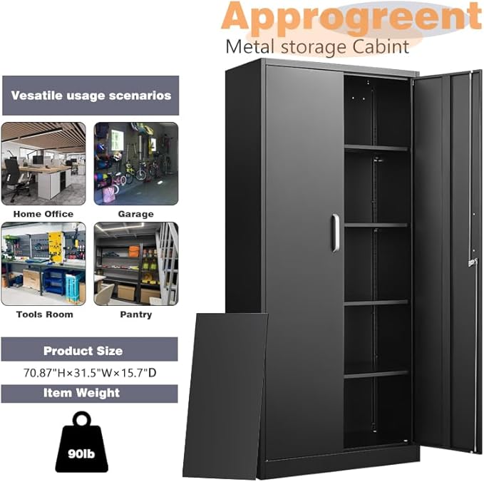 Metal Storage Cabinet with Adjustable Shelves, Garage Cabinet with 2 Lockable Doors, Garage Storage Cabinet, Kitchen Pantry Cabinet - 71'H, Black