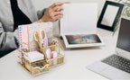 Exerz Desk Organizer Golden Office Desk Accessories Supplies Office Storage Desktop Pencil Pen Holder with Drawer Home Workspace