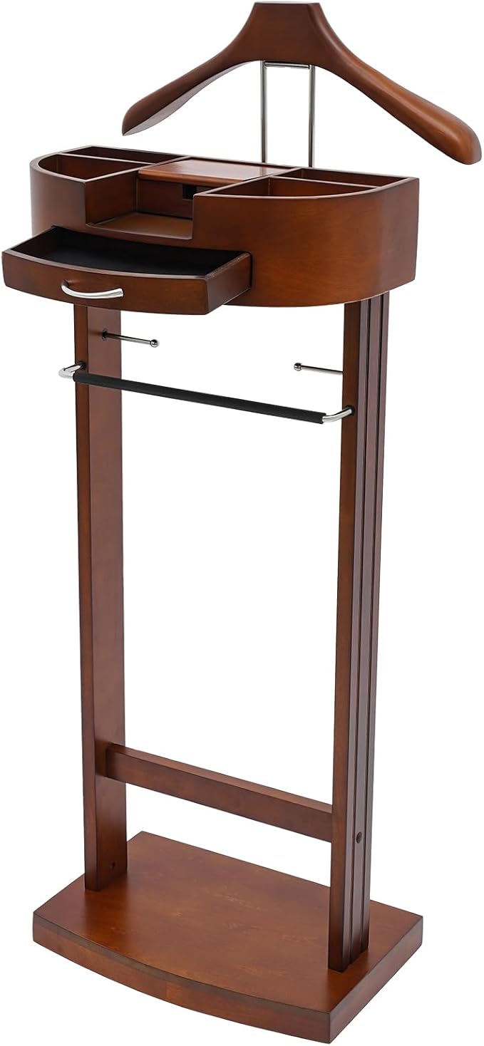 Wood Suit Rack, 22.05 Lbs Wooden Clothes Valet Stand, Freestanding Clothing Valet Stand Suit with Multi-compartment Tray & Drawer for Bedrooms Living Rooms Hallways (Brown)