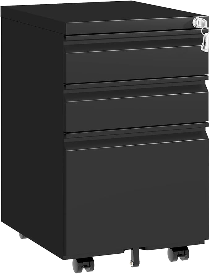 3 Drawer File Cabinet with Lock,Under Desk Rolling Small Filing Cabinet for Home Office Storage,Mobile Steel Cabinets with Wheels,Fully Assembled,Black