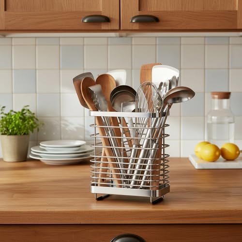 Kitchen Utensil Drying Rack, 18/8 Stainless Steel Chopsticks Spoon Fork Knife Basket Flatware Storage Drainer, Cutlery Holder for Kitchen Counter