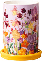 WAIT FLY Floral Porcelain Kitchen Utensil Holder with Bottom Flatware Storage Organizer Utensil Crock for Countertop Kitchen Counter Decor-Purple