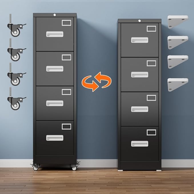 Aobabo 4 Drawer File Cabinet with Lock and Wheels, Metal Vertical Filing Cabinet with Anti-Tilt Interlock System for Home Office, Fits Letter/Legal Size, Black,Required Assembly