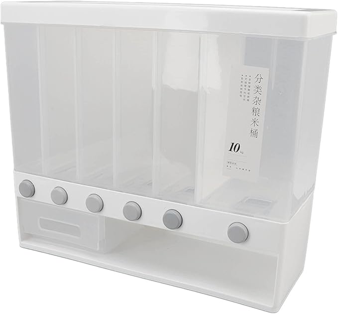 Divided Rice and Cereal Dispenser 6 Grid Food Storage Containers Grain Storage Box Household Food Dispensers 10L Capacity Suitable for Rice Beans Wall Mounted Dry Food