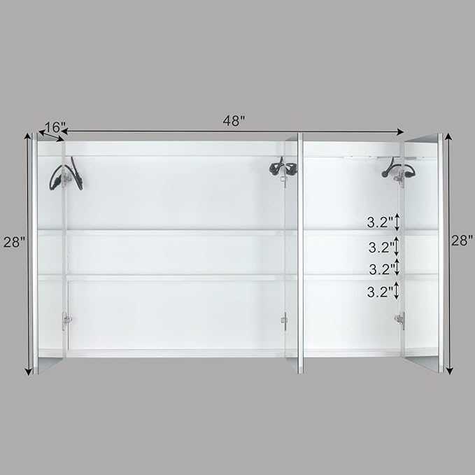 Karl home 3-Doors 48"x28" LED Medicine Cabinet for Bathroom, 3-Color Wall Mounted Dimmable Bathroom Cabinet with 3-Tiers Storage Shelves, Anti-Fog, USB Charge, White