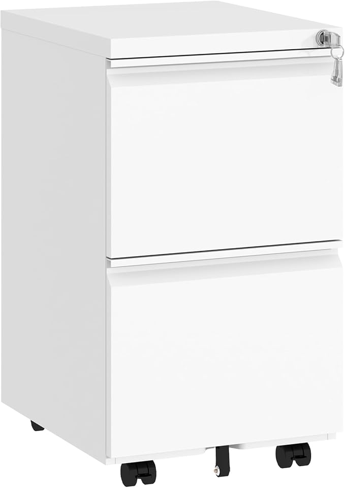 2 Drawer File Cabinet with Lock,Under Desk Rolling Small Filing Cabinet for Home Office Storage, Mobile Steel Cabinets with Wheels, Fully Assembled, White