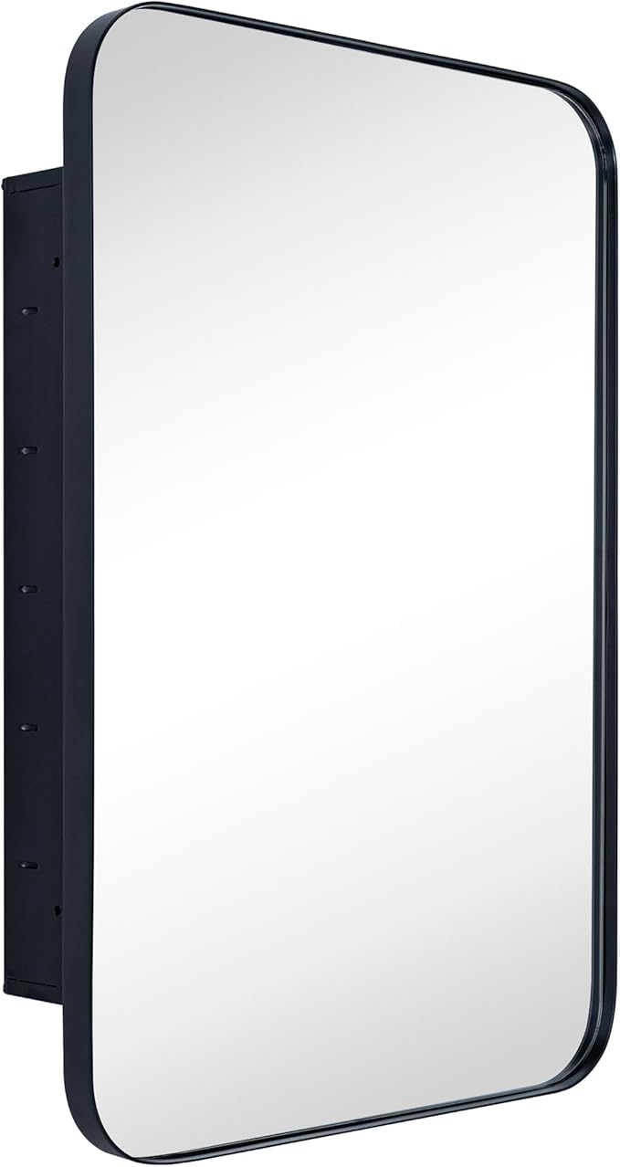 Matt Black Rectangle Recessed Bathroom Medicine Cabinet with Mirror Stainless Steel Metal Framed Rounded Rectangular Bathroom Cabinet with Mirror 16x24''