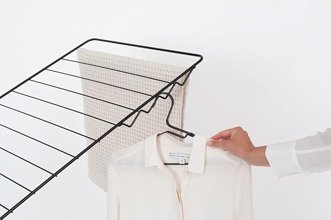 Brabantia HangOn Clothes Drying Rack | 82ft (25m) | Matt Black | Large Indoor Clothes Airer Laundry Stand with 2 Fold-Out Wings & Hanger Hooks, Folds Flat | Fits 2 Full Loads