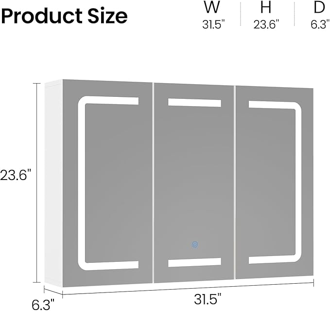 Hasuit Medicine Cabinet Organizer with Mirror, Lighted Bathroom Medicine Cabinet with Storage, 3 Doors Bathroom Wall Cabinet with LED Lights, Adjustable Shelves & Outlets, 31.5'' x 23.6'', White