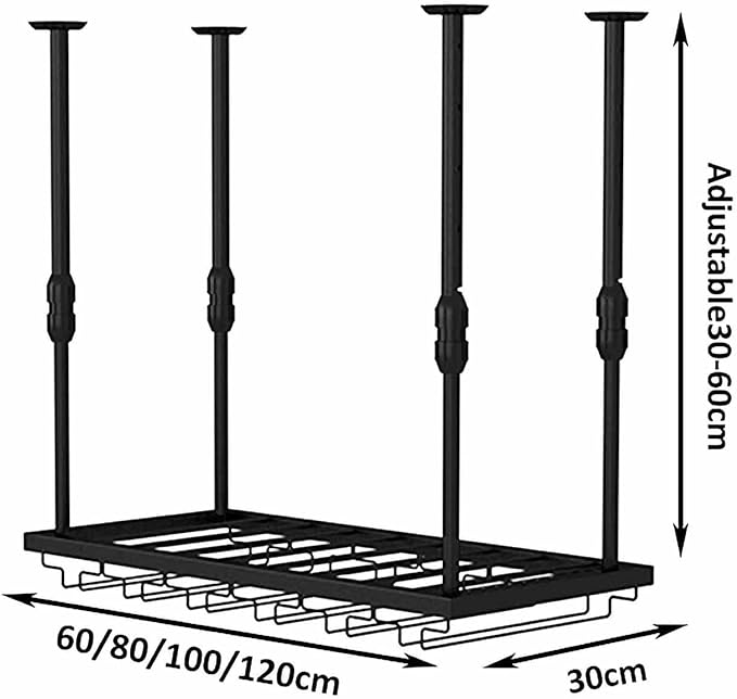 Ceiling Mounted Storage Racks Hanging Wine Rack, Adjustable Height Metal Ceiling Bottle Rack, Black Display Wine Storage Holder with Stemware Glass Shelf for Kitchen (Black 60 x 30cm)