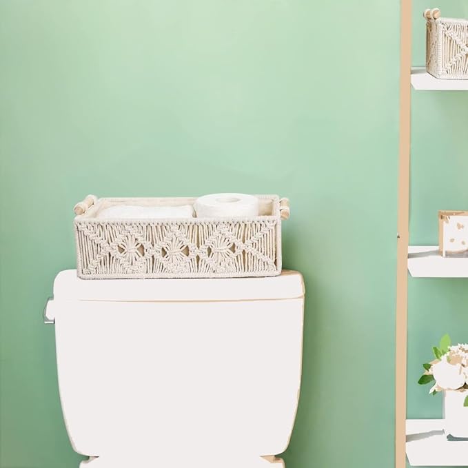 2 Pack Macrame Storage Baskets Boho Decor Basket Handmade Woven,Toilet Paper Storage Basket,Small Baskets For Organizing,Bathroom Organizers And Storage,Bathroom Counter Organizer, Ivory